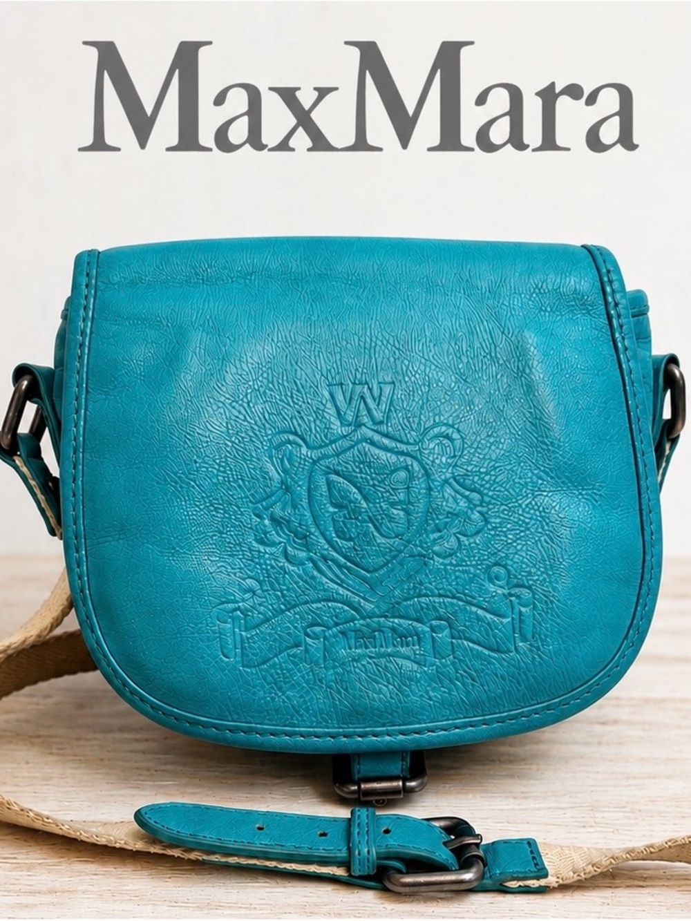 Weekend MaxMara Aqua Embossed Butterfly Logo Calf Skin Crossbody Bag